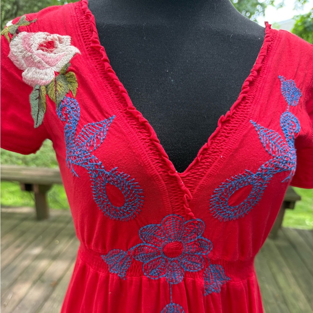 Johnny Was Red Embroidered V-Neck Women’s Dress - Picture 2 of 9